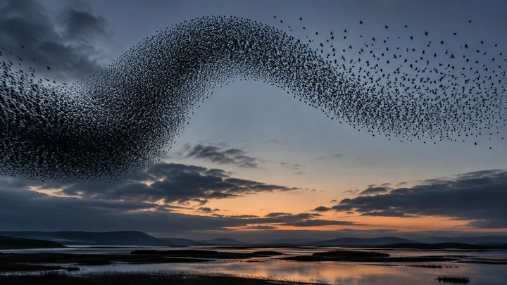 Bird murmuration above a sunset landscape